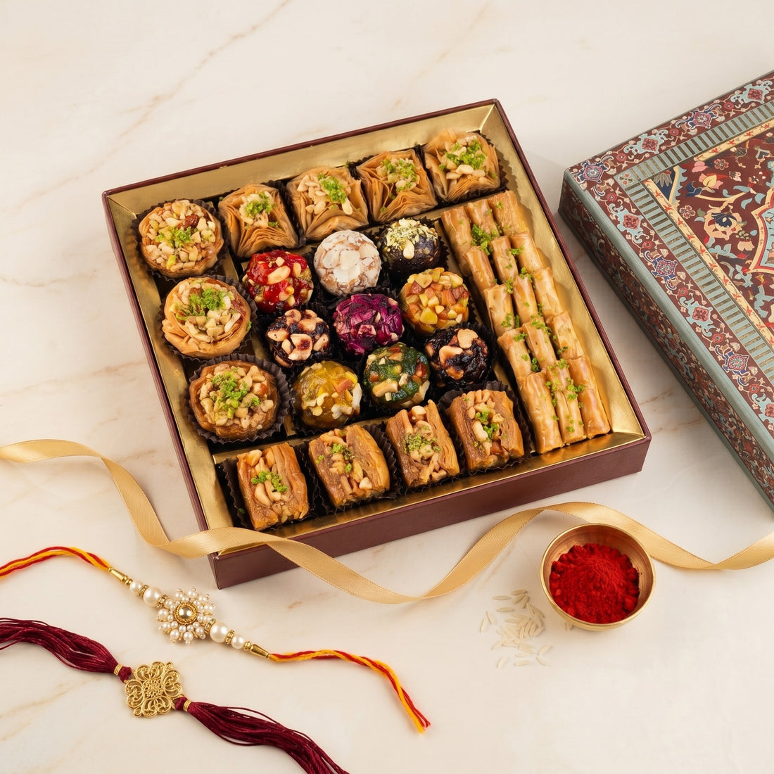 Shriyantra Assorted Baklava & Indian Fusion Laddu Box 580g with Rakhi Essentails
