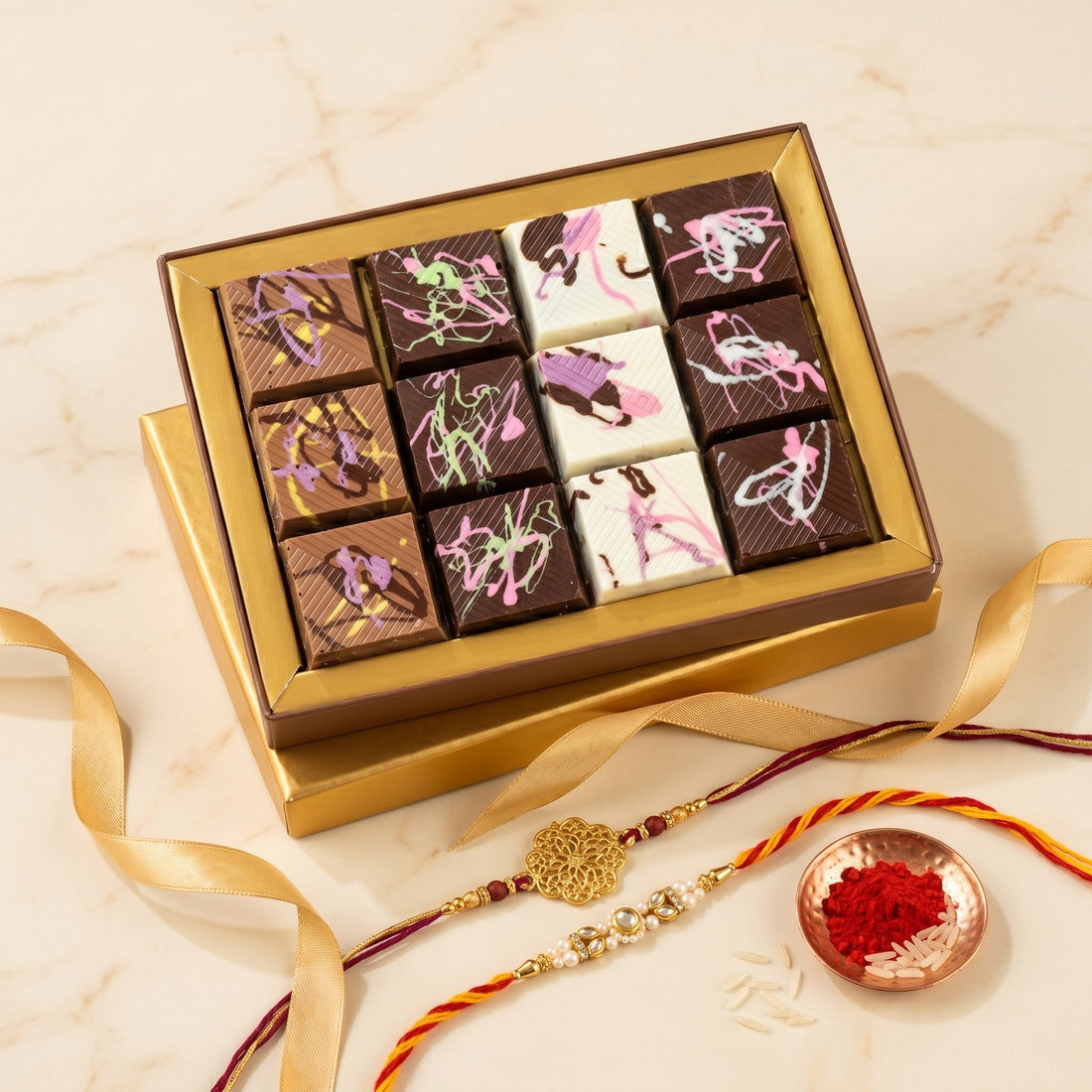 Dubai Kunafa Chocolate Box with 2 set of Kundan Rakhi