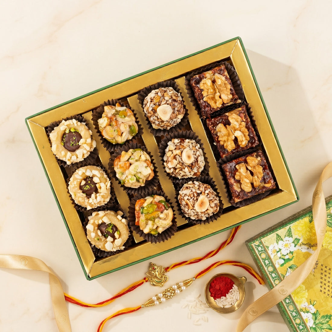 Kusum Assorted Artistic Indian Sweets with Rakhi Essentials