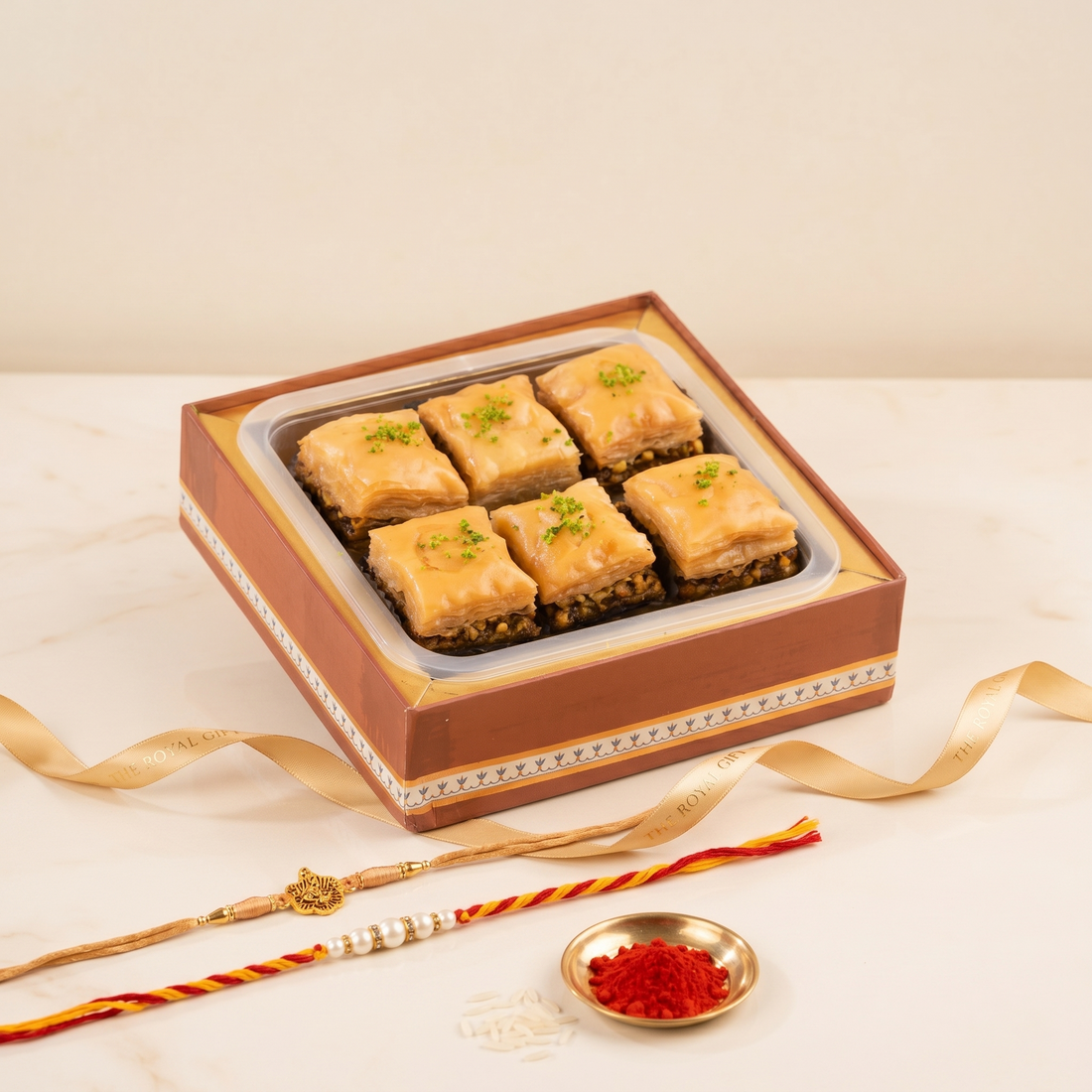 Classic Pistachio Baklava with 2 set of Kundan Rakhi