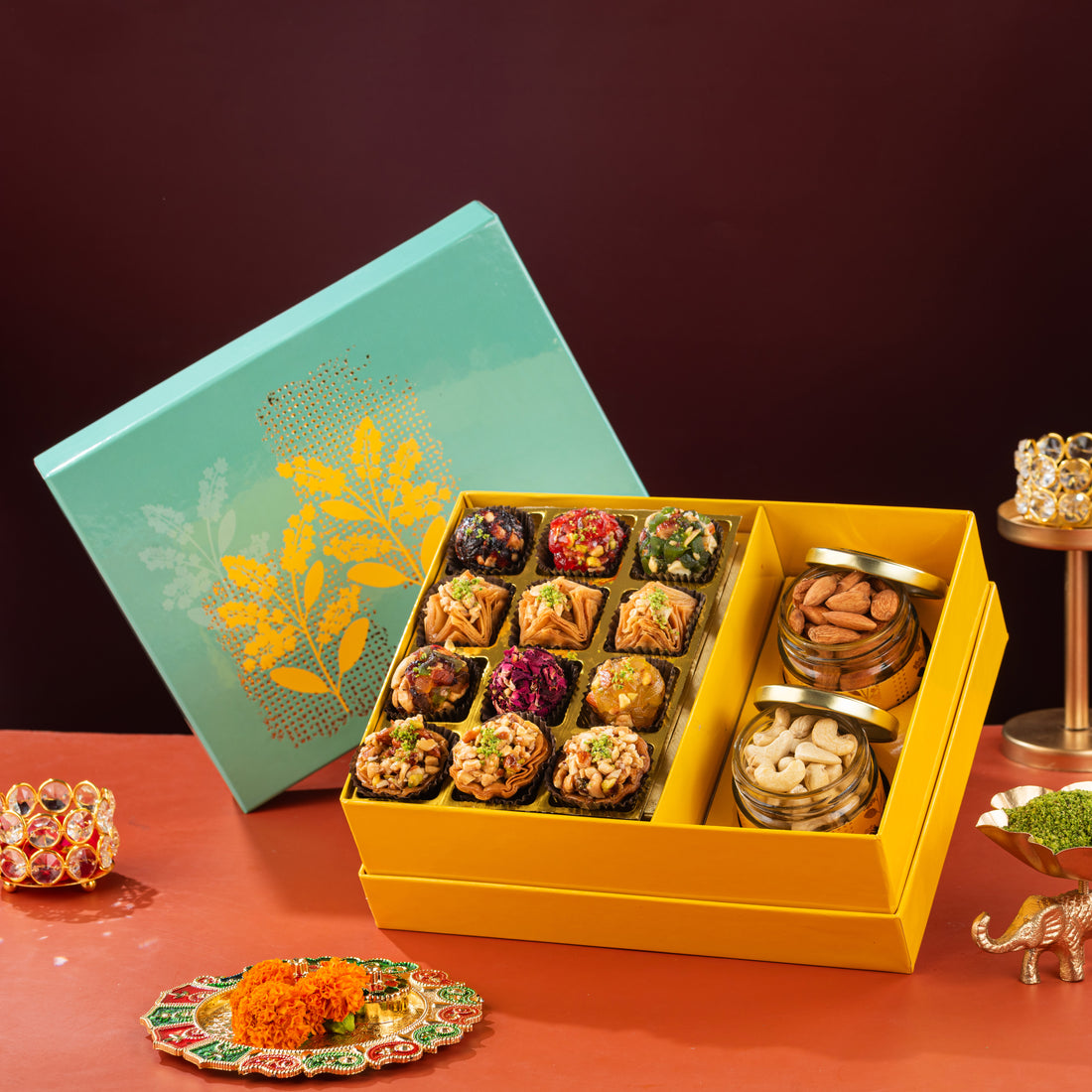 Turquoise Assorted Baklava, Indian Fusion & Dryfruit Hamper Box
