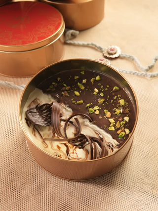 Pistachio & Coffee Overloaded Mix Tin Cake 500g with 2 set of Kundan Rakhi