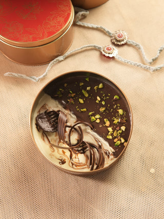 Pistachio & Coffee Overloaded Mix Tin Cake 500g with 2 set of Kundan Rakhi