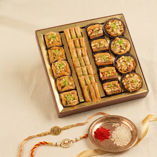 Sunheri Assorted Baklava Box with 2 set of Kundan Rakhi