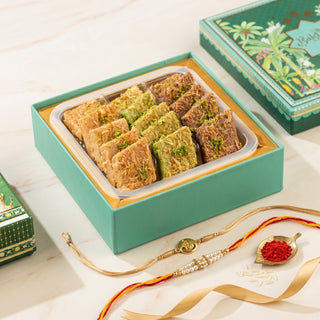 Assorted Kunafa Barfi with 2 set of Kundan Rakhi & Rakhi Essentails