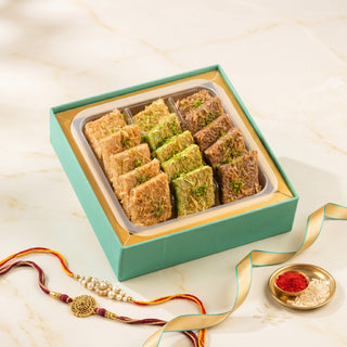 Assorted Kunafa Barfi with 2 set of Kundan Rakhi & Rakhi Essentails