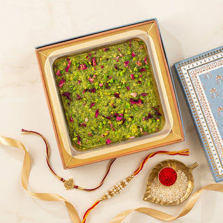 Pistachio Lauj with 2 set of Kundan Rakhi & Essentials