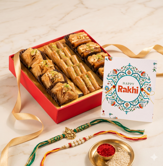 Red Imperial Assorted Baklava Box 250g with 2 set of Kundan Rakhi