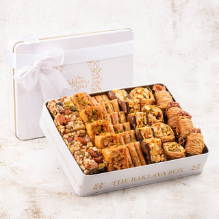 Assorted Baklavas in Elegant White Tin Gift Box with Ribbon Packaging (500 Gms) - THE BAKLAVA BOX