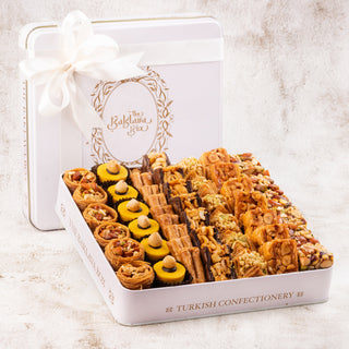 Assorted Baklavas in Elegant White Tin Gift Box with Ribbon Packaging (750 Gms) - THE BAKLAVA BOX
