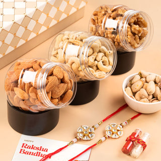 Assorted Dry Fruit with 2 Sets of Rakhi & Greeting Card in Festive Gift Box - 400 gm - THE BAKLAVA BOX