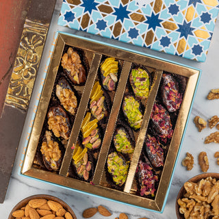 Assorted flavoured Medjool dates box, four flavours, real photo