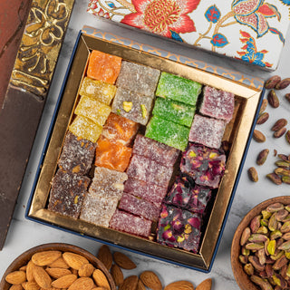 Assorted Turkish delight box, colourful cubes, real photo