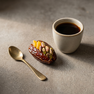 Stuffed date beside a coffee cup showing size