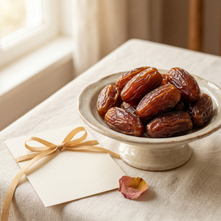 Premium Medjool dates styled as a gift with note card and ribbon