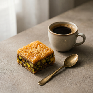 Pistachio kunafa beside a coffee cup showing size