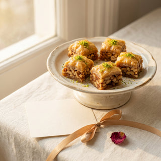 Cashew square baklava styled as a gift with note card and ribbon