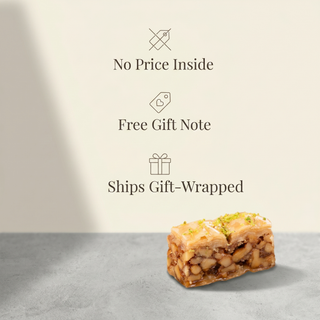The Baklava Box gift promise: no price inside, free gift note