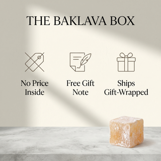 The Baklava Box gift promise: no price inside, free gift note