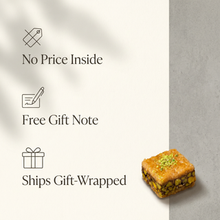 The Baklava Box gift promise: no price inside, free gift note