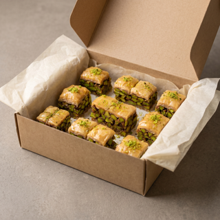 Pistachio square baklava open gift box