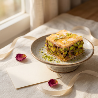 Pistachio square baklava styled as a gift with note card and ribbon