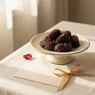 Premium Ajwa Dates styled as a gift with note card and ribbon