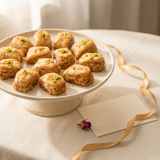 Rosebud Baklava styled as a gift with note card and ribbon