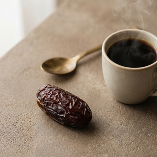 Premium Kalmi Dates beside a coffee cup showing size