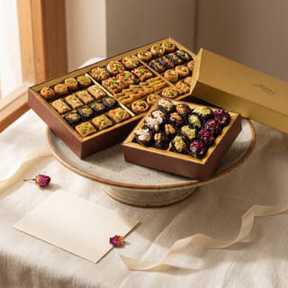 Sunheri Assorted Baklava and Stuffed Dates Hamper styled as a gift with note card and ribbon