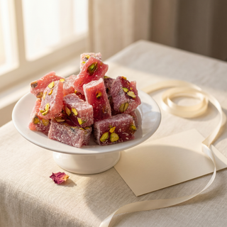 Pomegranate and Pistachio Turkish Delight styled as a gift with note card and ribbon