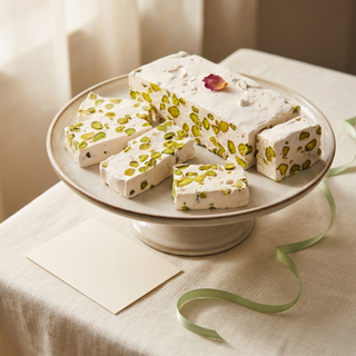 Iranian Pistachio Nougat styled as a gift with note card and ribbon