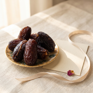 Premium Kalmi Dates styled as a gift with note card and ribbon