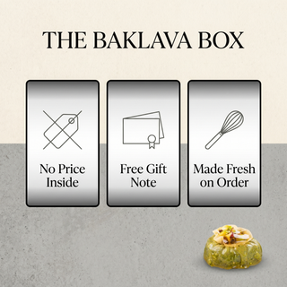 The Baklava Box gift promise: no price inside, free gift note, made fresh on order