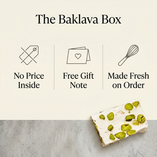 The Baklava Box gift promise: no price inside, free gift note, made fresh on order