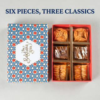 Six-piece baklava sampler box, three baklava classics