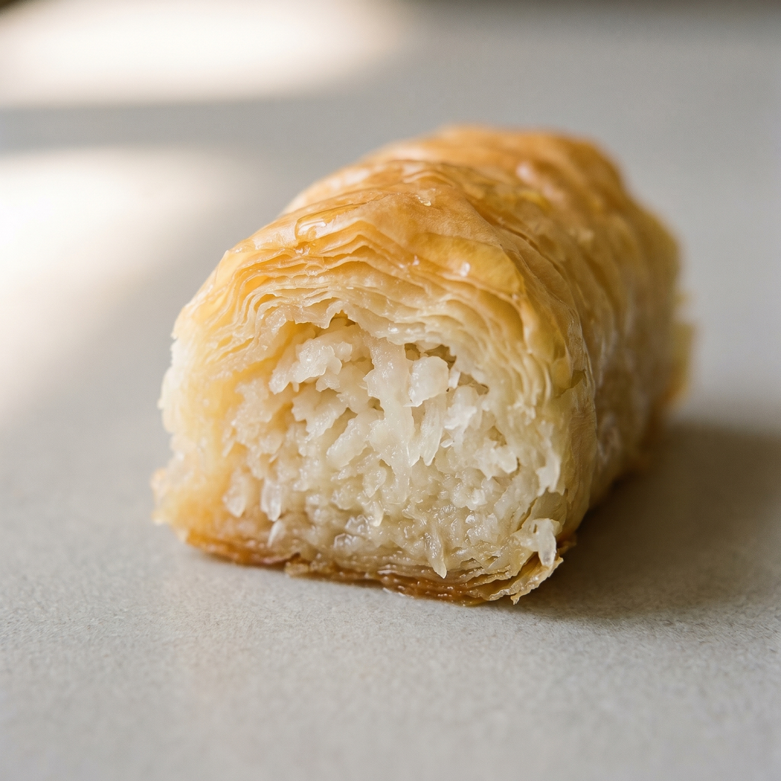 Coconut baklava cut to show the coconut filling