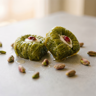 Pasha pistachio baklava with a cream centre, close up