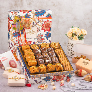 Rakhi Gift Box : Assorted Premium Baklava Box With 2 Sets of Rakhi and Ribbon Packaging (580 Gms) - THE BAKLAVA BOX