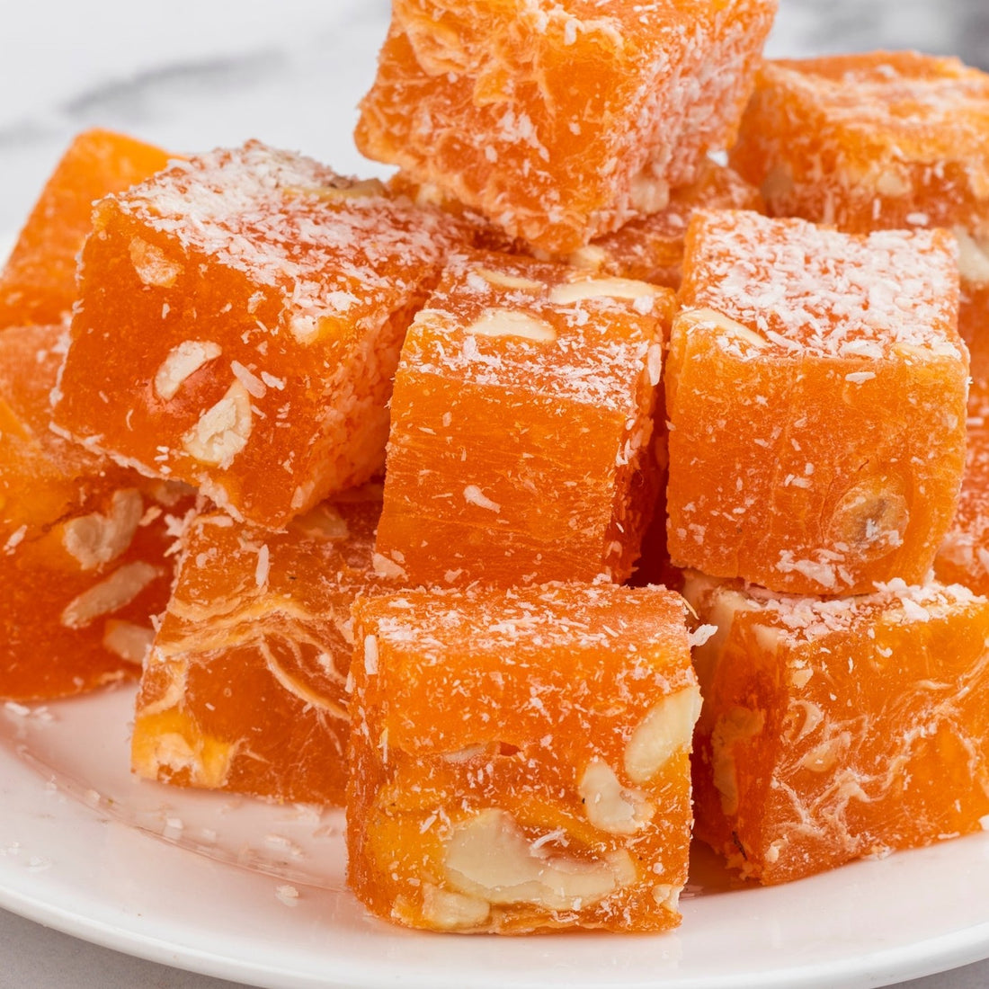 Orange cashew Turkish delight close-up detail