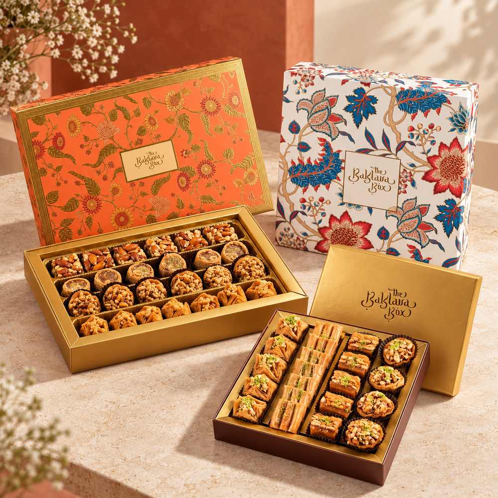 Gulmohor 750g, Regalia 580g and Sunheri 500g gift boxes together.