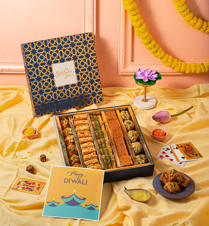 ASSORTED 750gms BAKLAVA SWEETS GIFT BOX WITH HAPPY DIWALI CARD- DIWALI PREMIUM GIFT BOX - THE BAKLAVA BOX