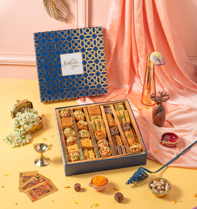 ASSORTED BAKLAVA ALL VARIETY 750GMS SWEETS GIFT BOX WITH HAPPY DIWALI CARD- DIWALI PREMIUM GIFT BOX - THE BAKLAVA BOX
