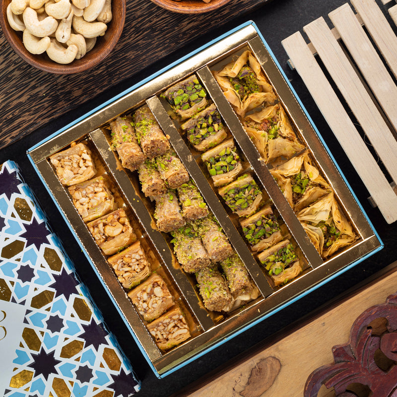 Assorted Baklava Box (500gm) + Assorted Kunafa (4 pieces) + Assorted Flavoured Dates (16 pieces) - THE BAKLAVA BOX