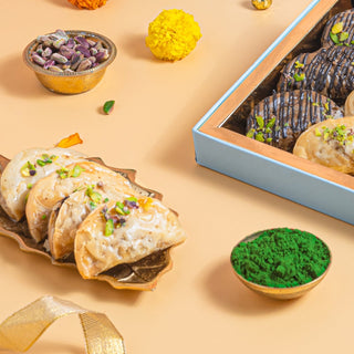 Assorted Gujiya Gift Box -Blue Imperial gift box with Assorted Turkish gujiya- Holi special sweets - THE BAKLAVA BOX