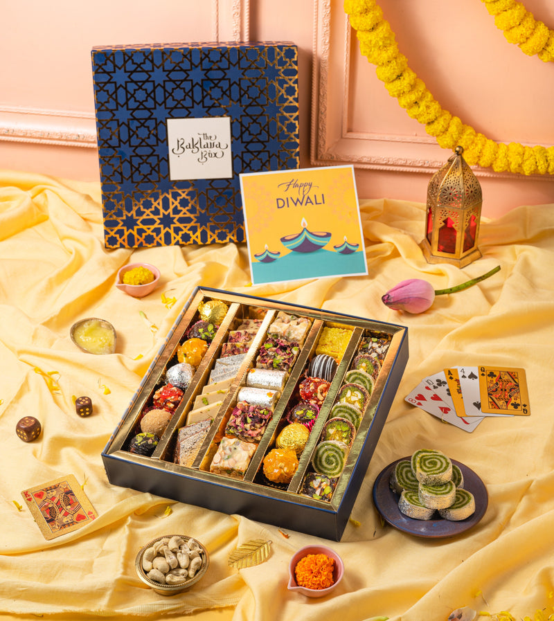 Assorted Indian sweets Navy diwali gift hamper - THE BAKLAVA BOX