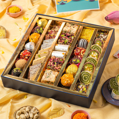 Assorted Indian sweets Navy diwali gift hamper - THE BAKLAVA BOX
