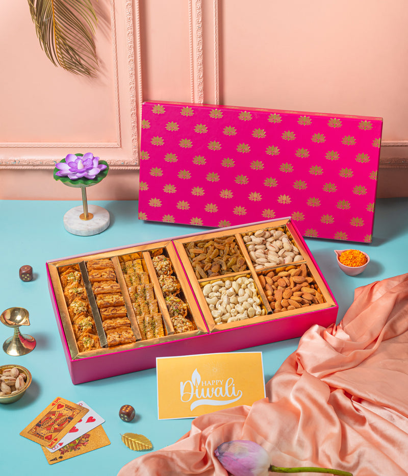 Baklava and dry fruits gift hamper - Lotus Luxe Gift Box- Premium Diwali gifting with card - THE BAKLAVA BOX