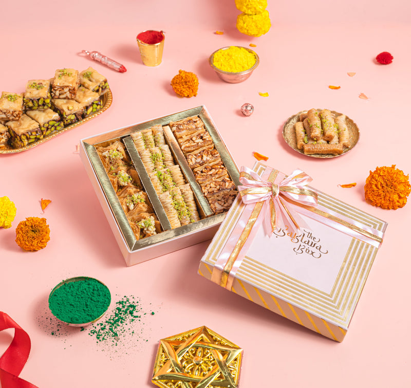 Holi flavoured assorted baklava- Assorted baklava 250gms gift box - Holi special sweets - THE BAKLAVA BOX