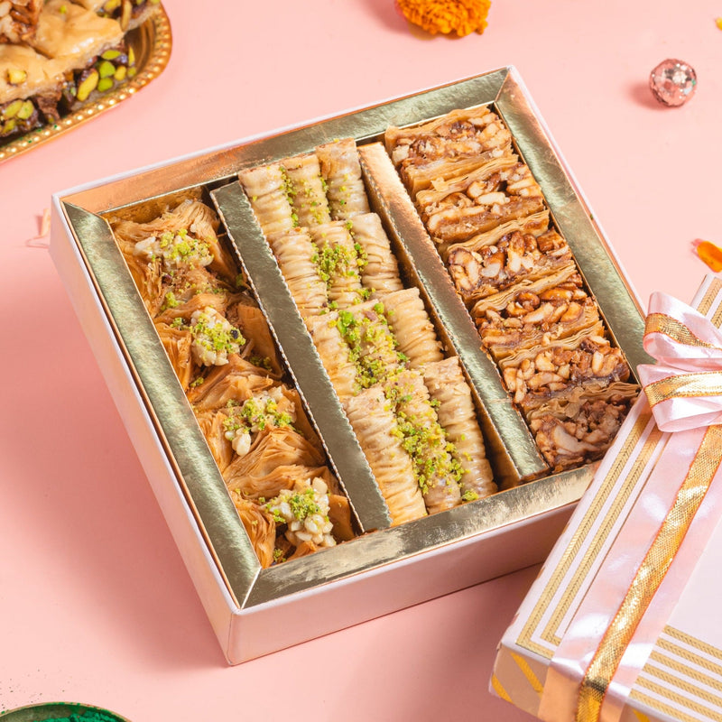 Holi flavoured assorted baklava- Assorted baklava 250gms gift box - Holi special sweets - THE BAKLAVA BOX